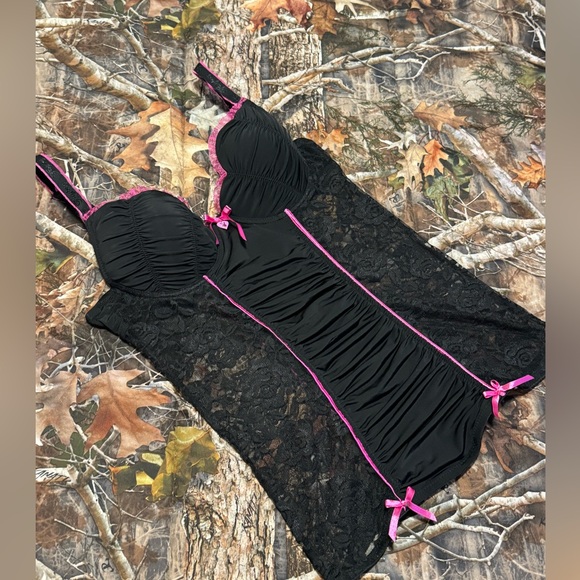 PLAYBOY Other - VTG Playboy Intimates Lingerie Bustier Y2K Babydoll Black Pink Lace Medium Sexy